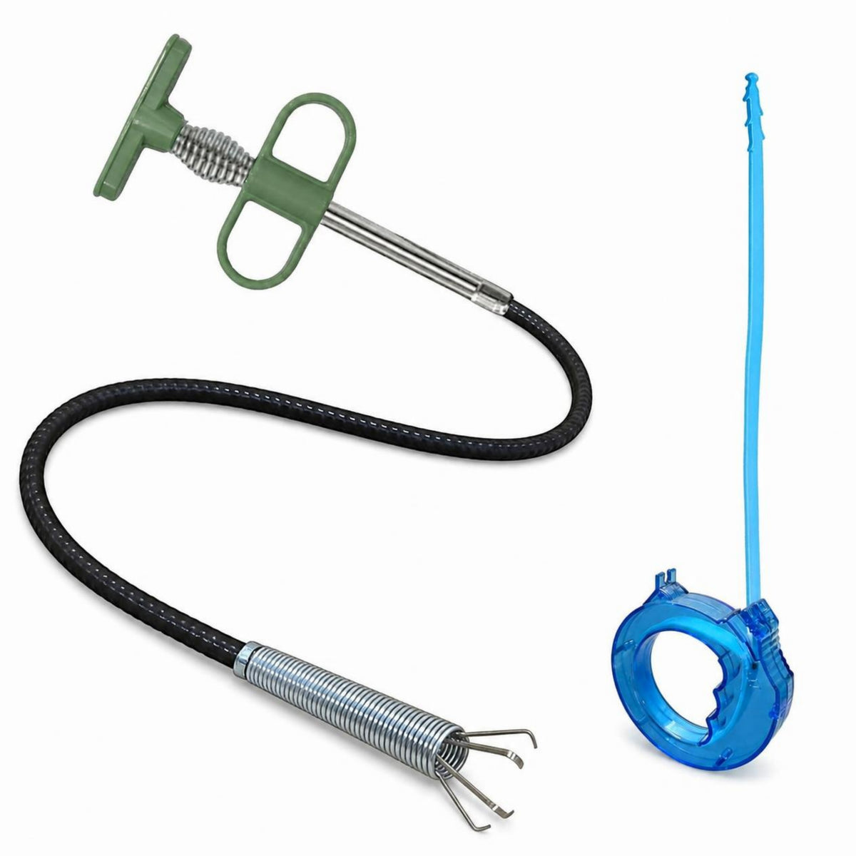 2-in-1 drain snake kit with 4-claw grabber and hair remover