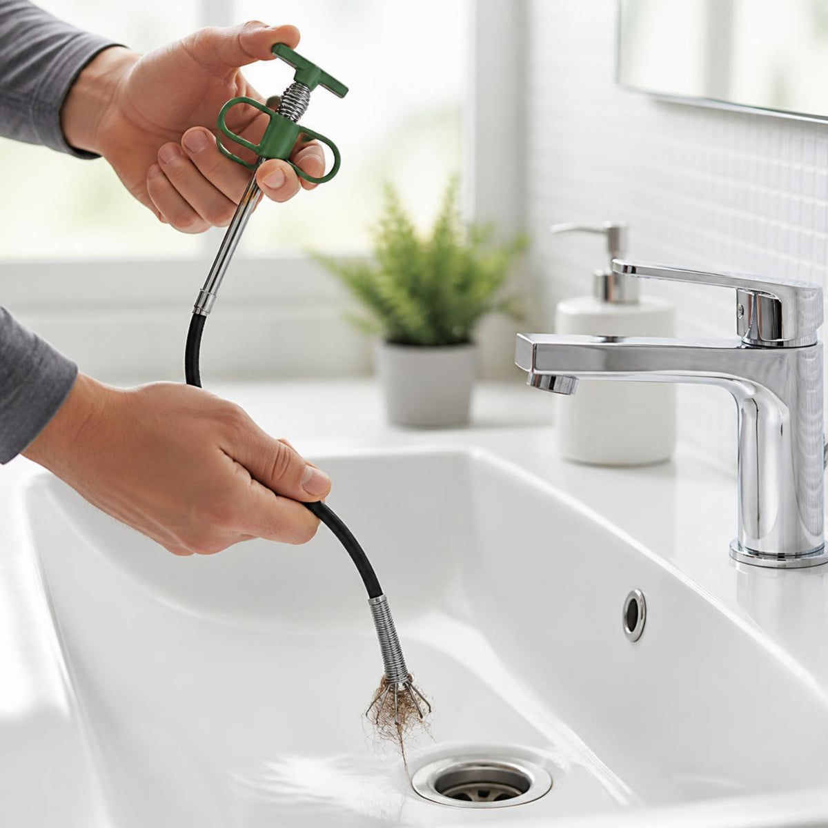 Drain snake pulling hair out of a bathroom sink drain