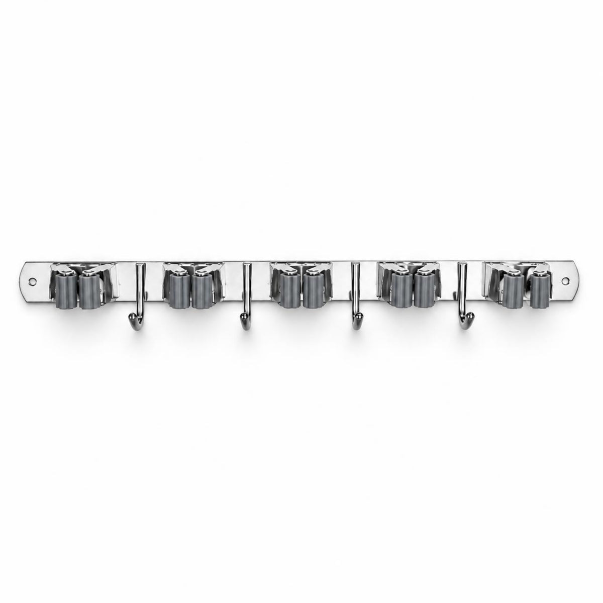 Stainless steel wall-mounted broom holder with 5 racks and 4 hooks