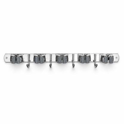 Stainless steel wall-mounted broom holder with 5 racks and 4 hooks