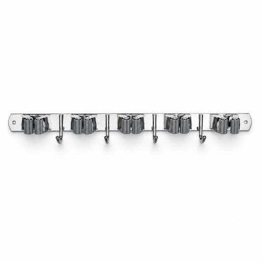 Stainless steel wall-mounted broom holder with 5 racks and 4 hooks