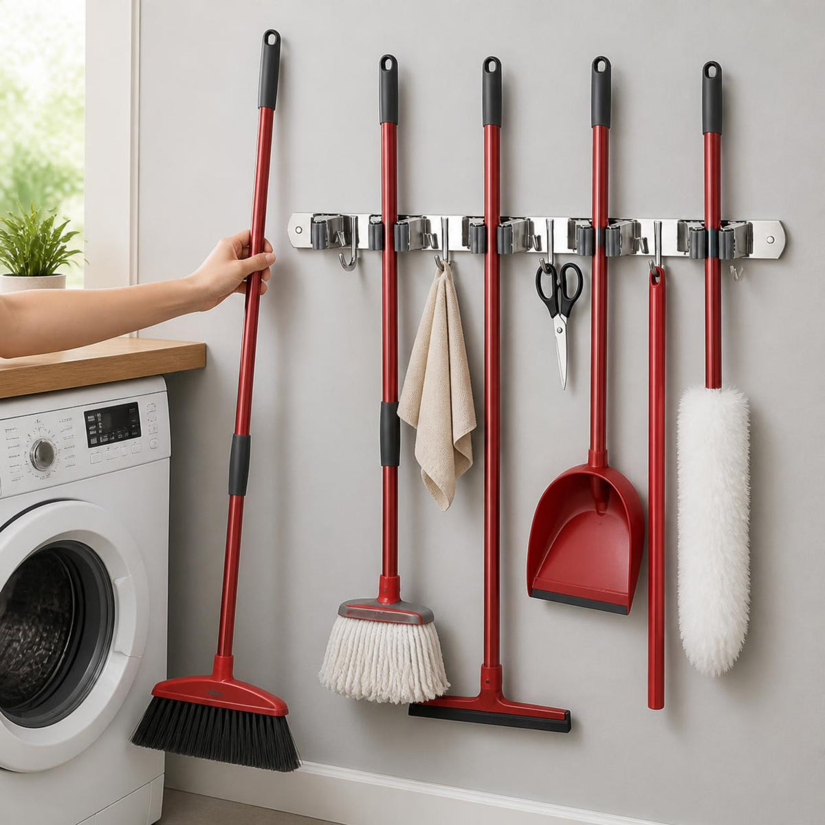 Broom holder on a laundry room wall holding brooms, mop and dustpan