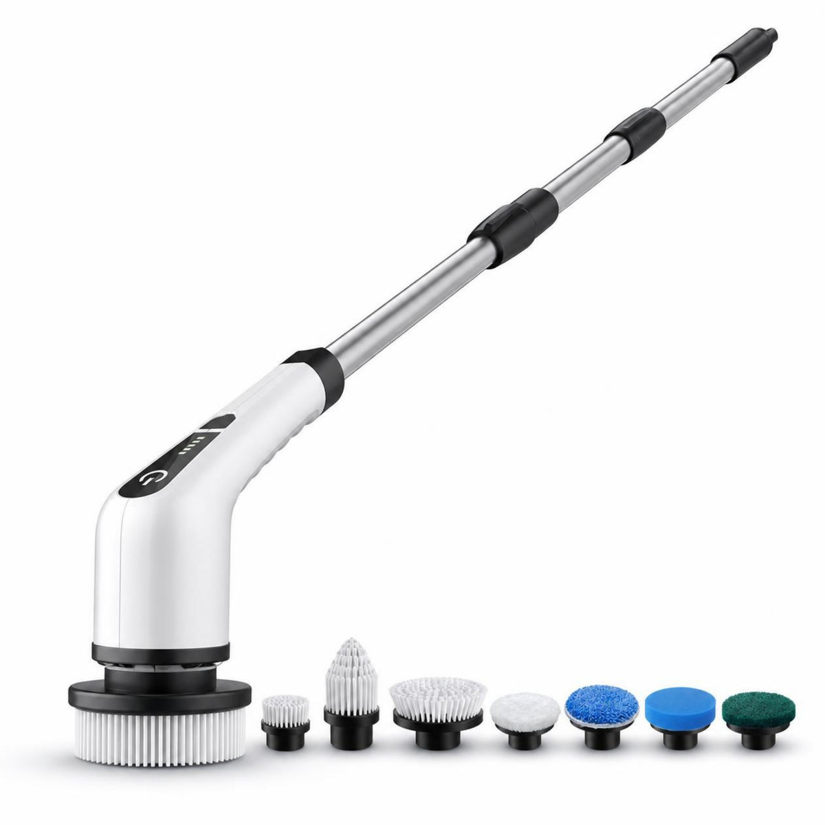 Cordless electric spin scrubber with interchangeable brush heads