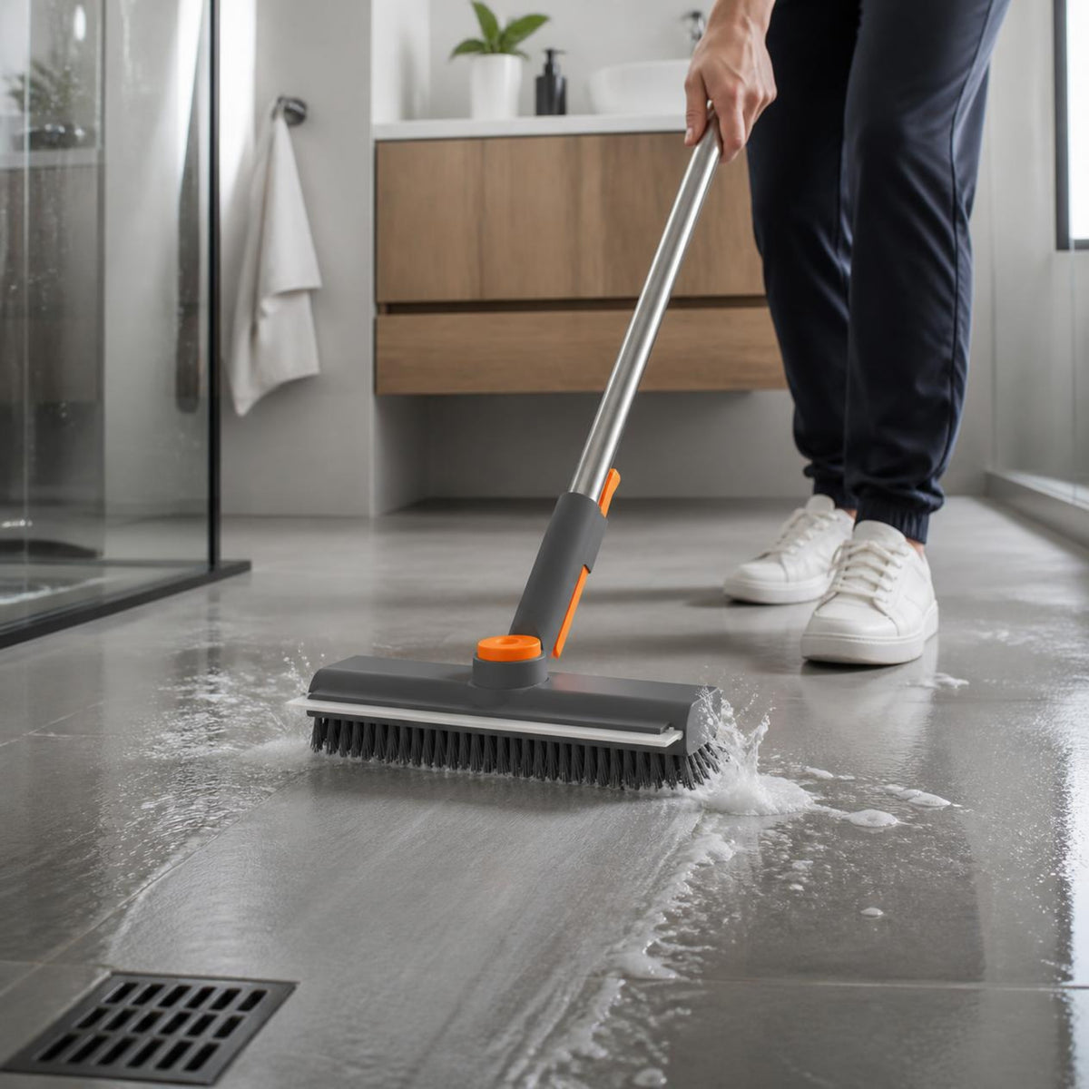 Floor brush scrubbing a wet tiled bathroom floor