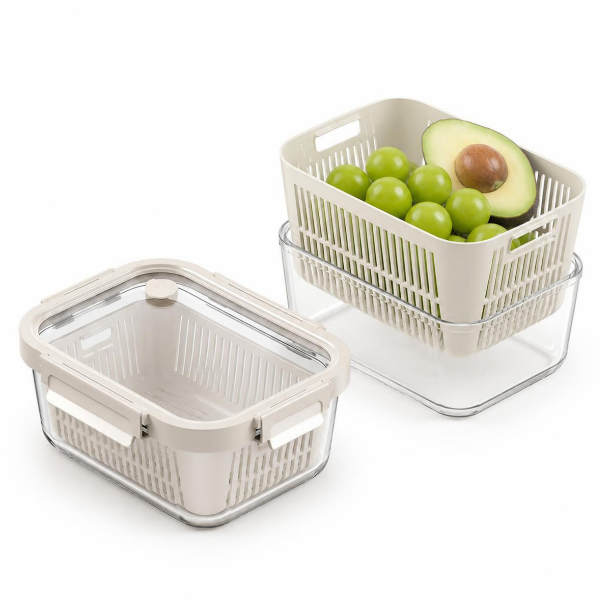 Borosilicate glass storage containers with strainer baskets