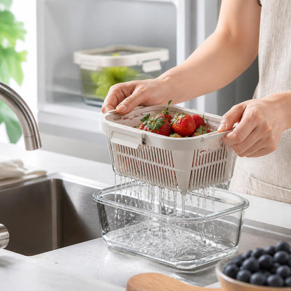 Draining washed strawberries with the strainer basket at a sink