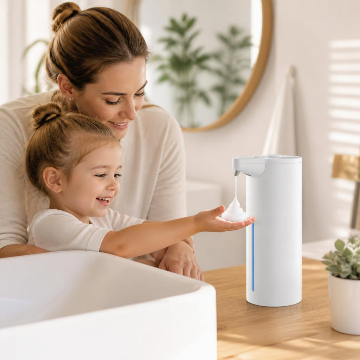 Parent and child using the touchless soap dispenser