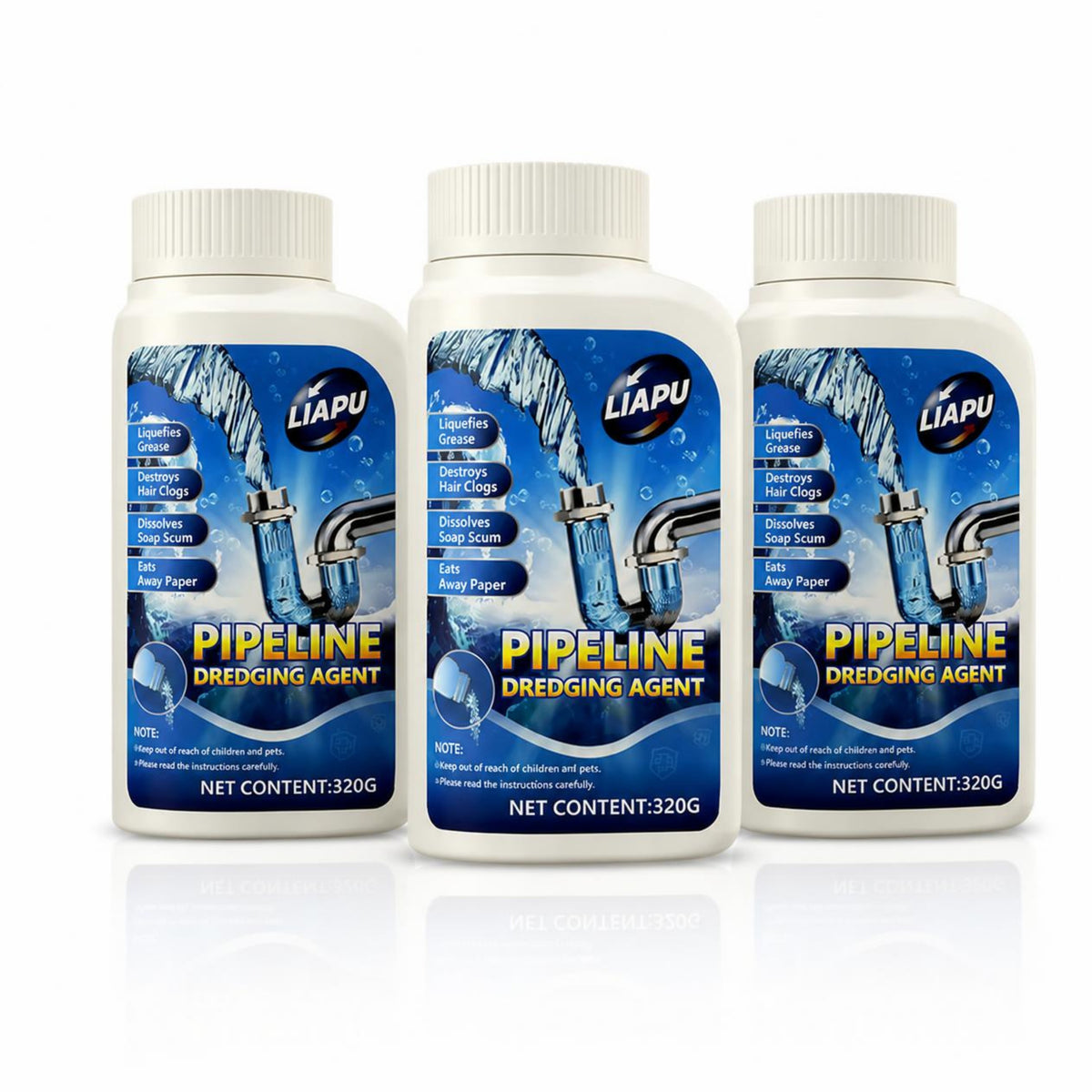 Three bottles of Liapu drain cleaner