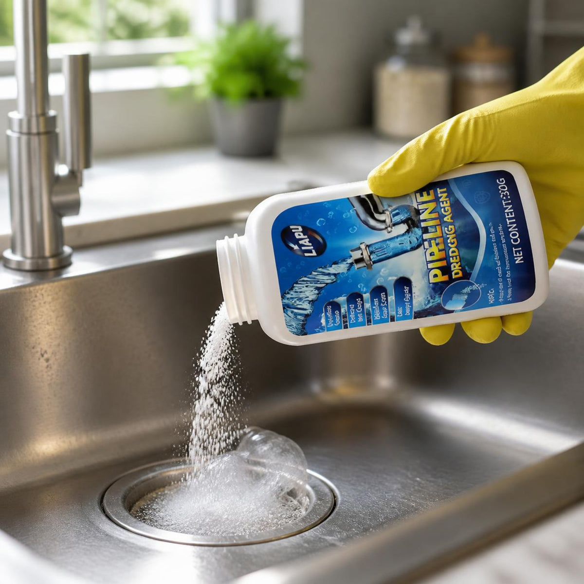 Pouring drain cleaner into a kitchen sink drain