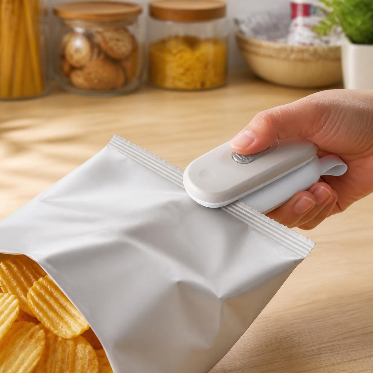 Sealing a chip bag with the mini bag sealer