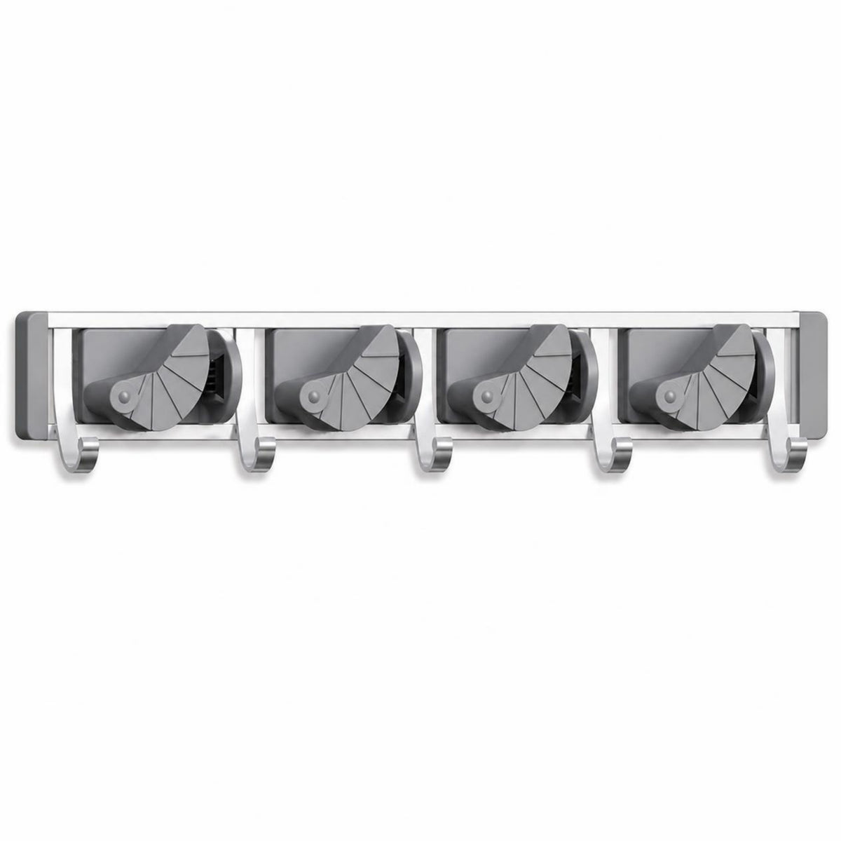 Silver wall-mounted mop and broom holder with 4 positions and 4 hooks
