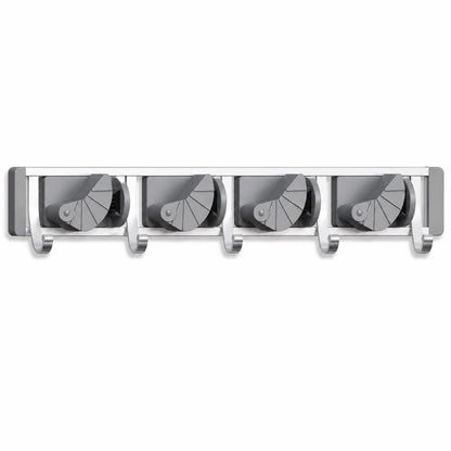 Silver wall-mounted mop and broom holder with 4 positions and 4 hooks