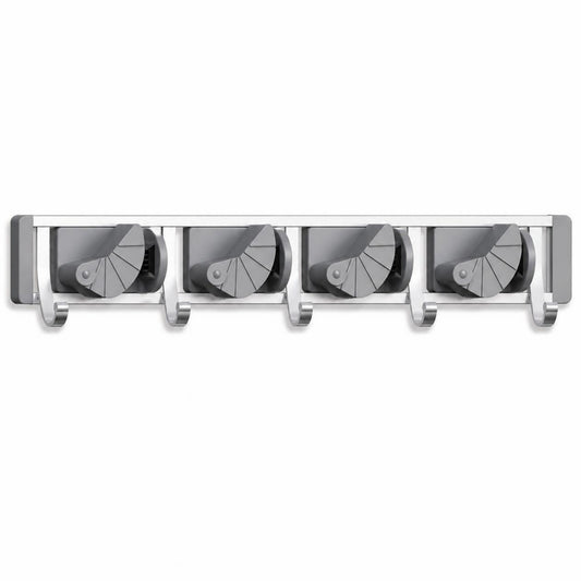 Silver wall-mounted mop and broom holder with 4 positions and 4 hooks
