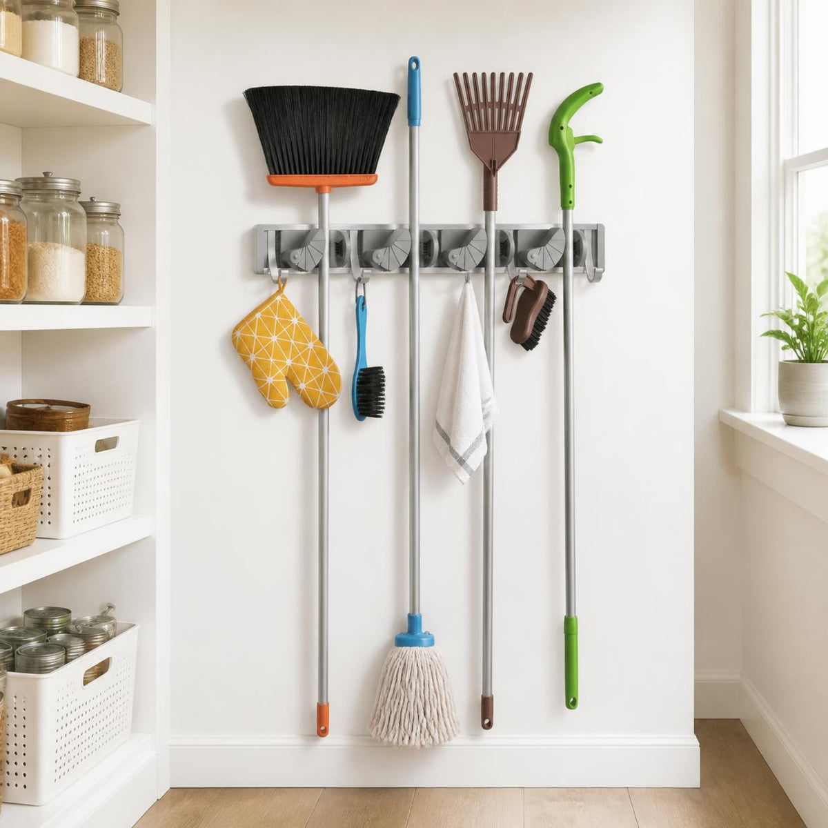 Mop holder on a pantry wall holding a broom, mop and tools