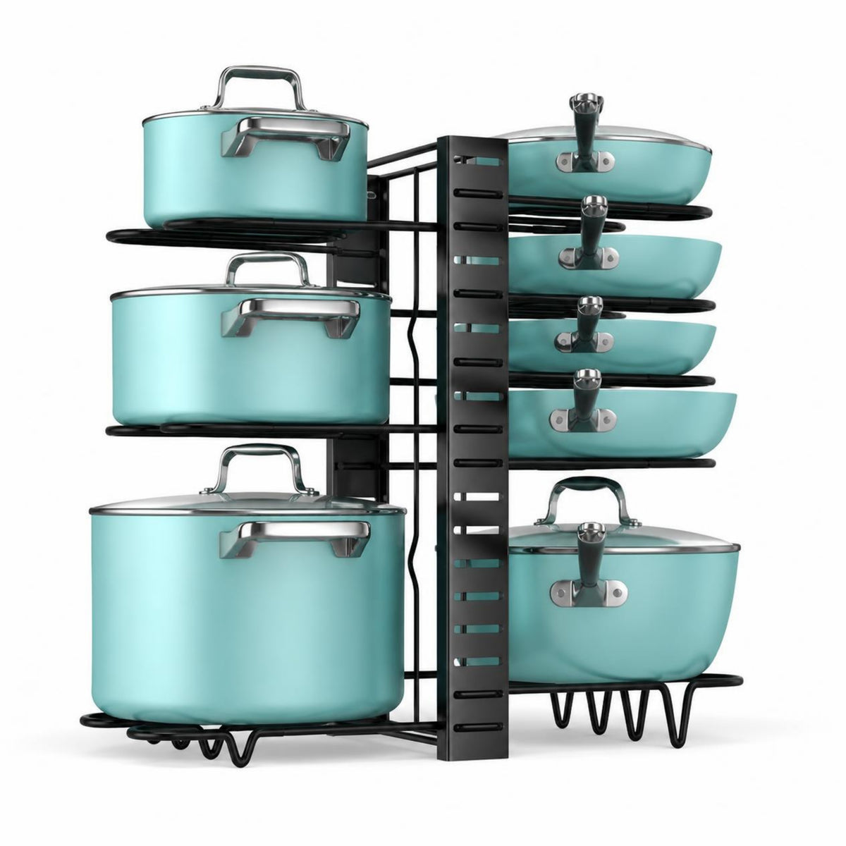 Adjustable 8-tier pot and pan organizer rack holding cookware
