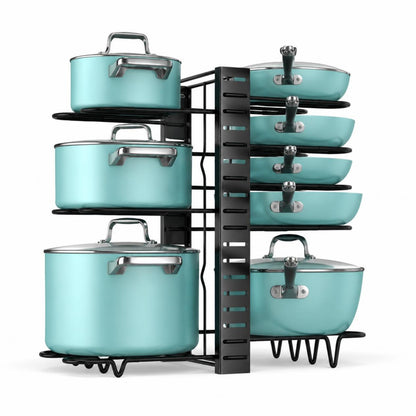 Adjustable 8-tier pot and pan organizer rack holding cookware