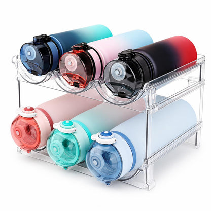 Stackable clear water bottle organizer holding six bottles