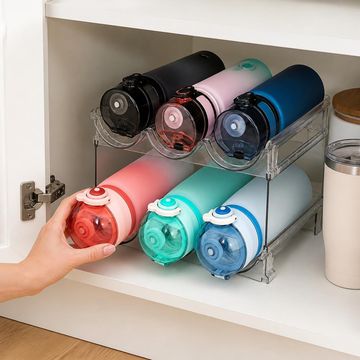Water bottle organizer inside a kitchen cabinet
