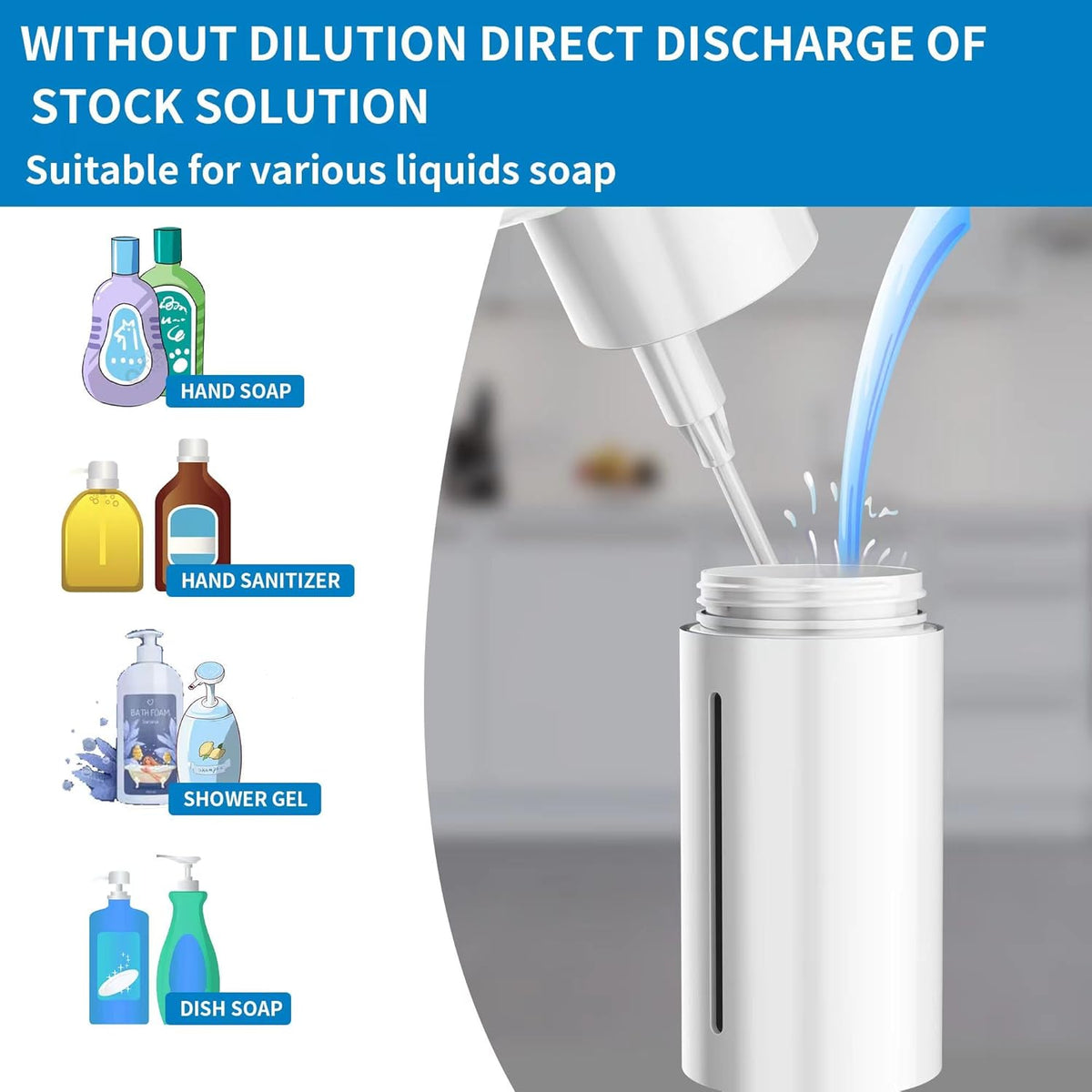 Automatic Soap Dispenser Touchless, Modern, Kitchen & Bathroom, Hands-Free, Adjustable Volume, Long Battery Life, Compatible with Thick & Thin Soap, Easy for Toddlers, Clog-Free, White
