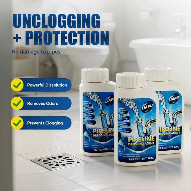 Liapu Powerful Drain Cleaner Plastic Bottle (3 Pcs) - Household Kitchen Cleaner, Drain Cleaning Tool, 99% Bacteria Kill, Odor-Free, Pipe-Damage-Free, High-Temp Use, Dissolves 200+ Blockages (Hair & Fat), Deep Dirt Removal Solution, Yes