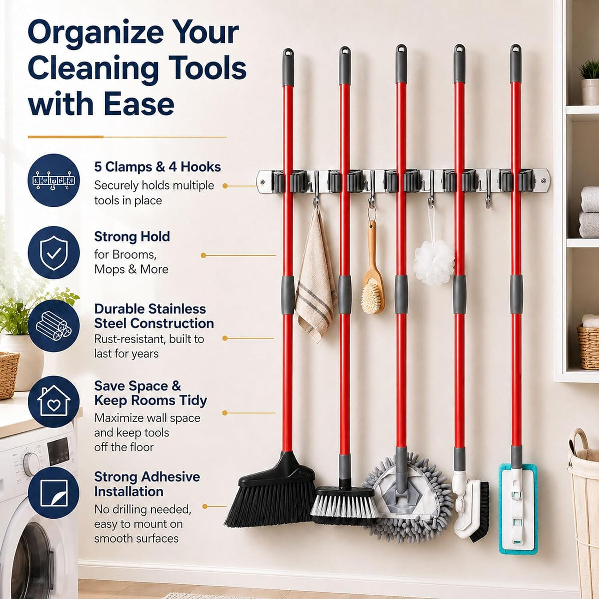 5 Racks and 4 Hooks Mop and Broom Holder Wall Mount, Self Adhesive Heavy Duty Broom Hanger Organizer Storage Tool Racks for Kitchen Garden Laundry Garage