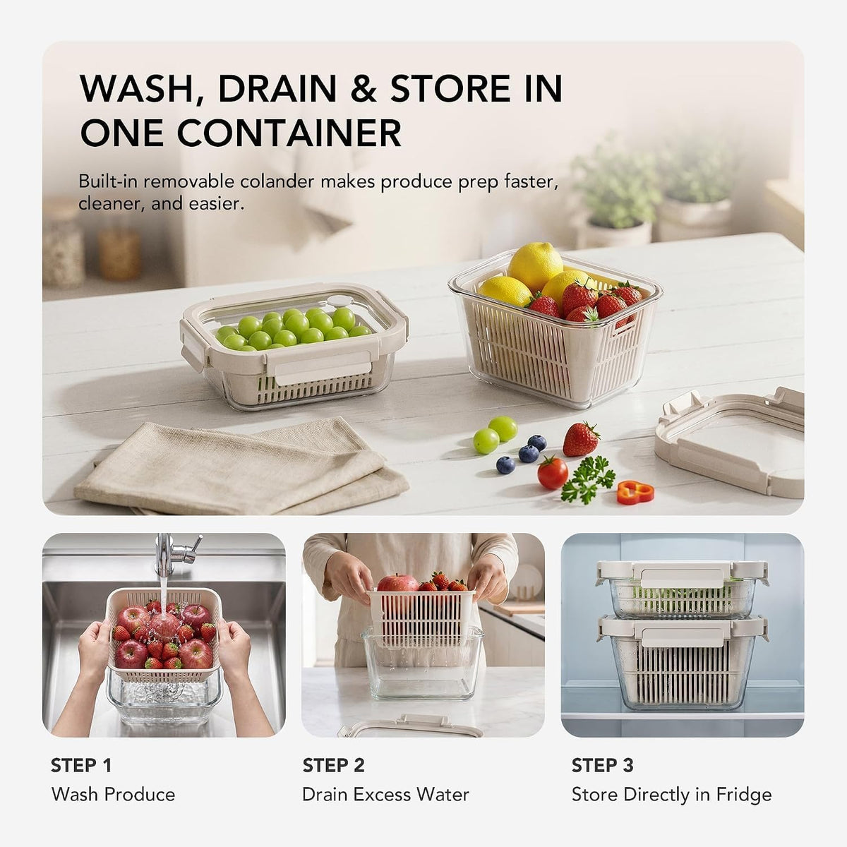 Airtight Glass Canister with Strainer, Fruit and Vegetable Container Set with Glass Lid and Ventilation, Borosilicate Glass, Refrigerator Organizer