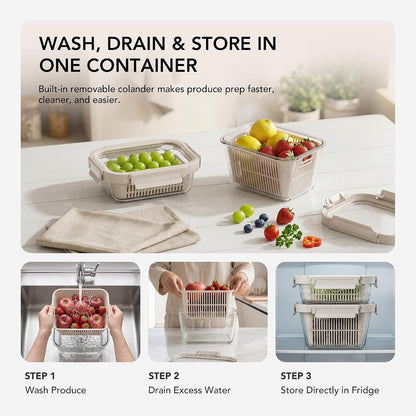 Airtight Glass Canister with Strainer, Fruit and Vegetable Container Set with Glass Lid and Ventilation, Borosilicate Glass, Refrigerator Organizer