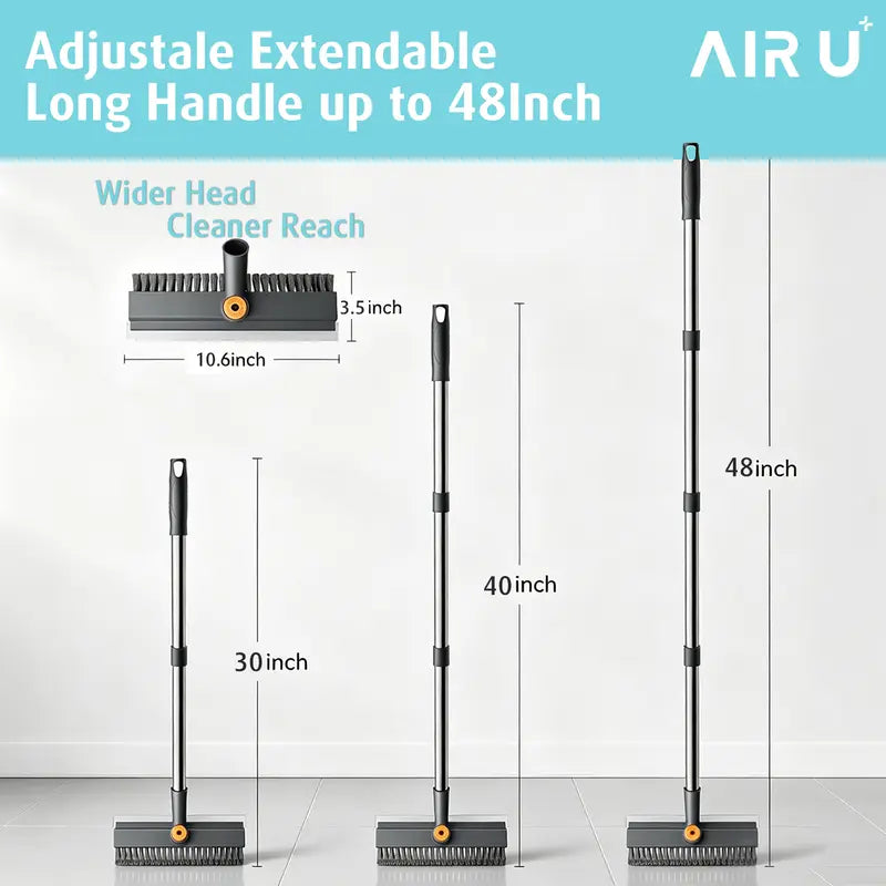 AIR U 3-In-1 Floor Scrub Brush with Multi-Purpose Long Handle, 360°Rotating Scrape, Heavy-Duty Stiff Bristles - Scrubber Squeegee Combo, Shower Broom Squeegee for Bathroom, Patio, Kitchen - Household Items, Home Goods, Deep Cleaning House Supplies