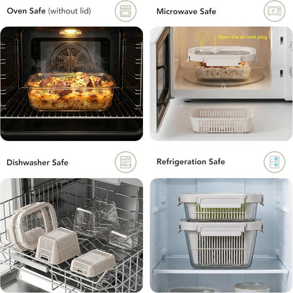 Airtight Glass Canister with Strainer, Fruit and Vegetable Container Set with Glass Lid and Ventilation, Borosilicate Glass, Refrigerator Organizer