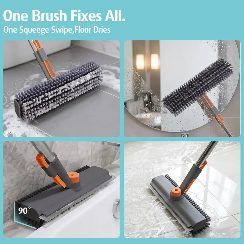 AIR U 3-In-1 Floor Scrub Brush with Multi-Purpose Long Handle, 360°Rotating Scrape, Heavy-Duty Stiff Bristles - Scrubber Squeegee Combo, Shower Broom Squeegee for Bathroom, Patio, Kitchen - Household Items, Home Goods, Deep Cleaning House Supplies