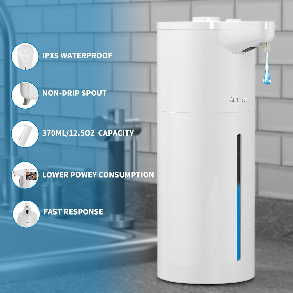 Automatic Soap Dispenser Touchless, Modern, Kitchen & Bathroom, Hands-Free, Adjustable Volume, Long Battery Life, Compatible with Thick & Thin Soap, Easy for Toddlers, Clog-Free, White