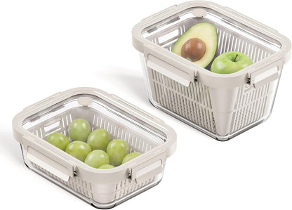 Airtight Glass Canister with Strainer, Fruit and Vegetable Container Set with Glass Lid and Ventilation, Borosilicate Glass, Refrigerator Organizer