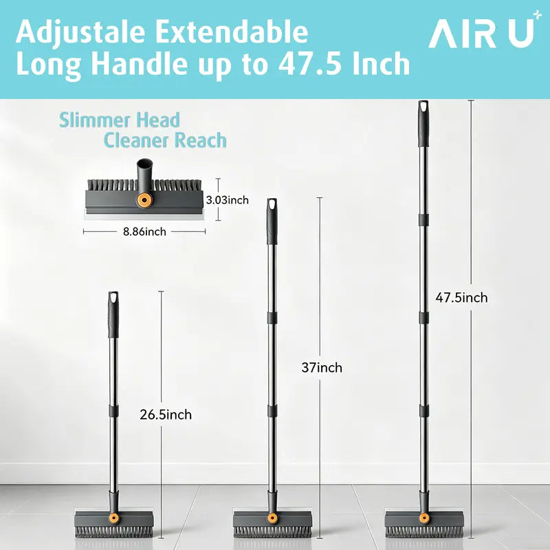 AIR U 3-In-1 Floor Scrub Brush with Multi-Purpose Long Handle, 360°Rotating Scrape, Heavy-Duty Stiff Bristles - Scrubber Squeegee Combo, Shower Broom Squeegee for Bathroom, Patio, Kitchen - Household Items, Home Goods, Deep Cleaning House Supplies
