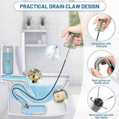 2-In-1 Drain Snake Kit, 35-Inch 4-Claw Grabber & Hair Remover
