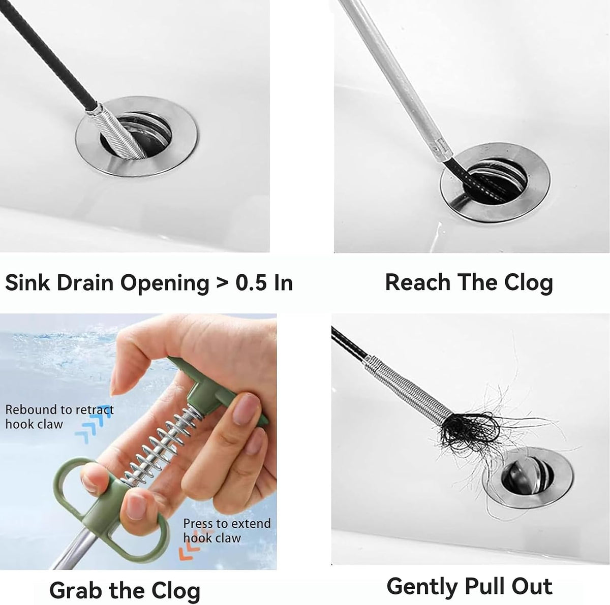 2-In-1 Drain Snake Kit, 35-Inch 4-Claw Grabber & Hair Remover