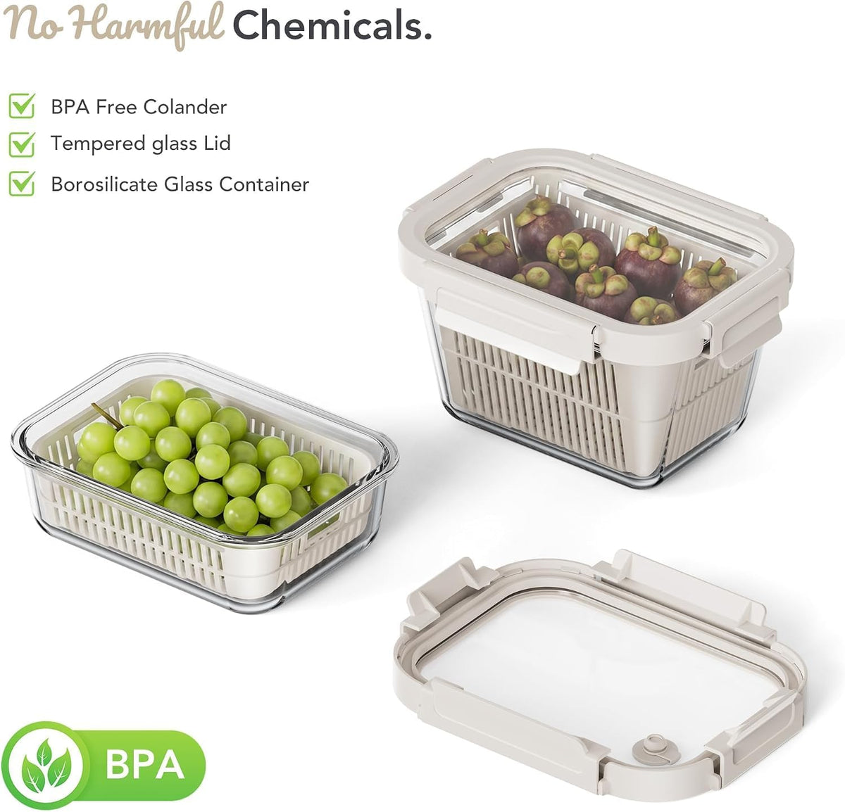 Airtight Glass Canister with Strainer, Fruit and Vegetable Container Set with Glass Lid and Ventilation, Borosilicate Glass, Refrigerator Organizer
