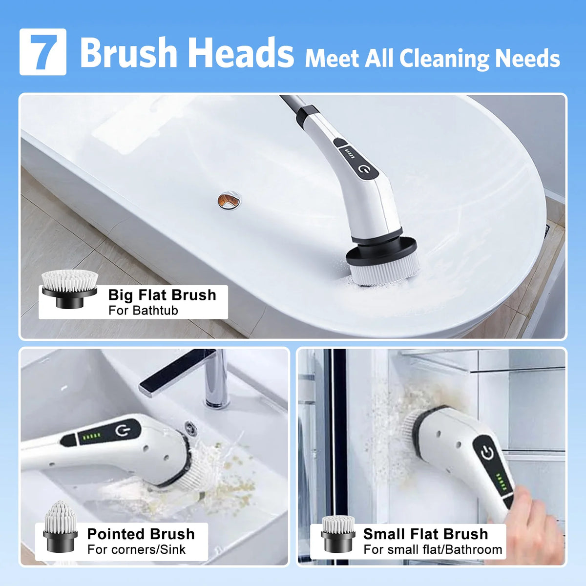 500RPM Cordless Electric Spin Scrubber 25W Power Brush for Bathroom Tub Shower
