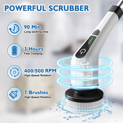 500RPM Cordless Electric Spin Scrubber 25W Power Brush for Bathroom Tub Shower