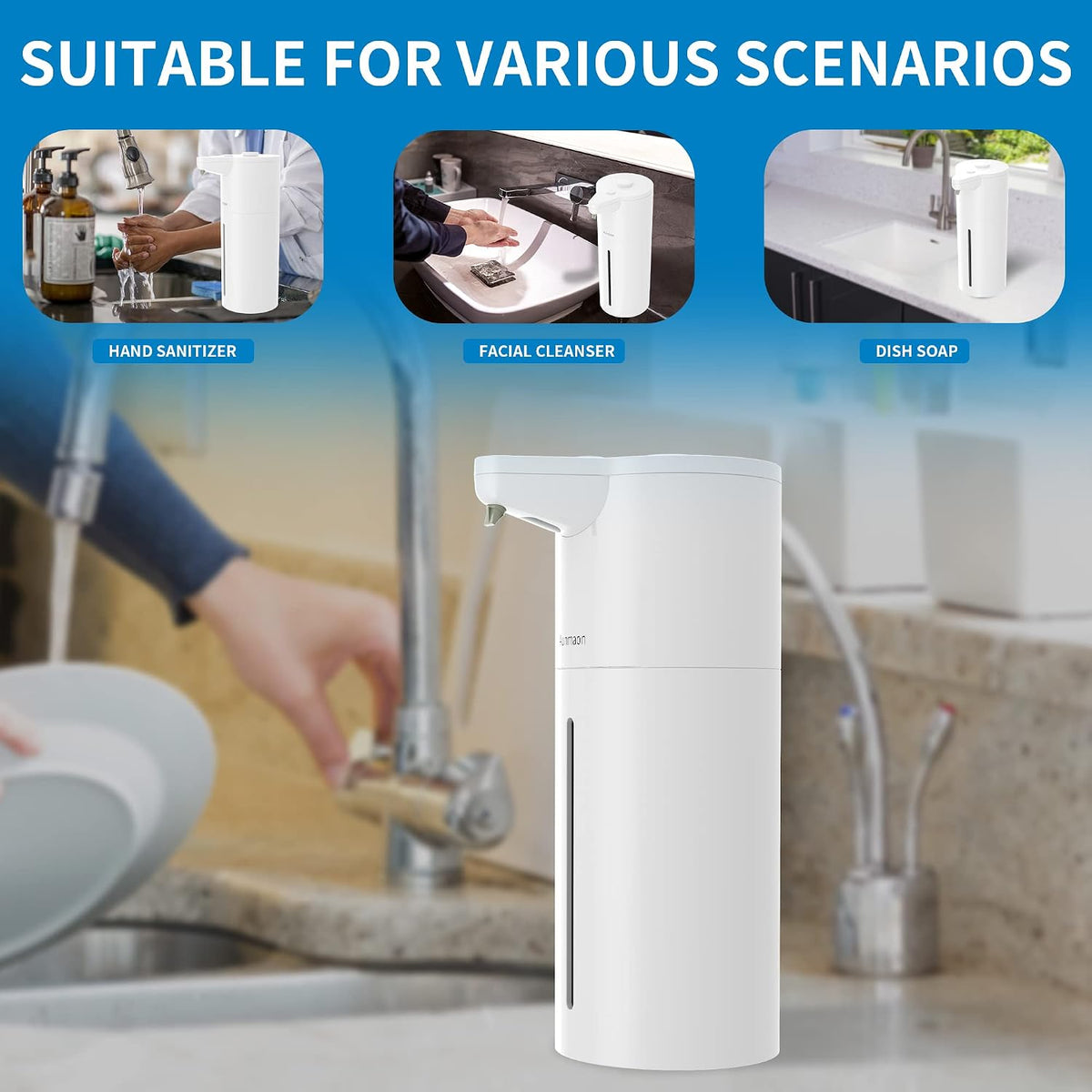 Automatic Soap Dispenser Touchless, Modern, Kitchen & Bathroom, Hands-Free, Adjustable Volume, Long Battery Life, Compatible with Thick & Thin Soap, Easy for Toddlers, Clog-Free, White