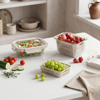 Airtight Glass Canister with Strainer, Fruit and Vegetable Container Set with Glass Lid and Ventilation, Borosilicate Glass, Refrigerator Organizer