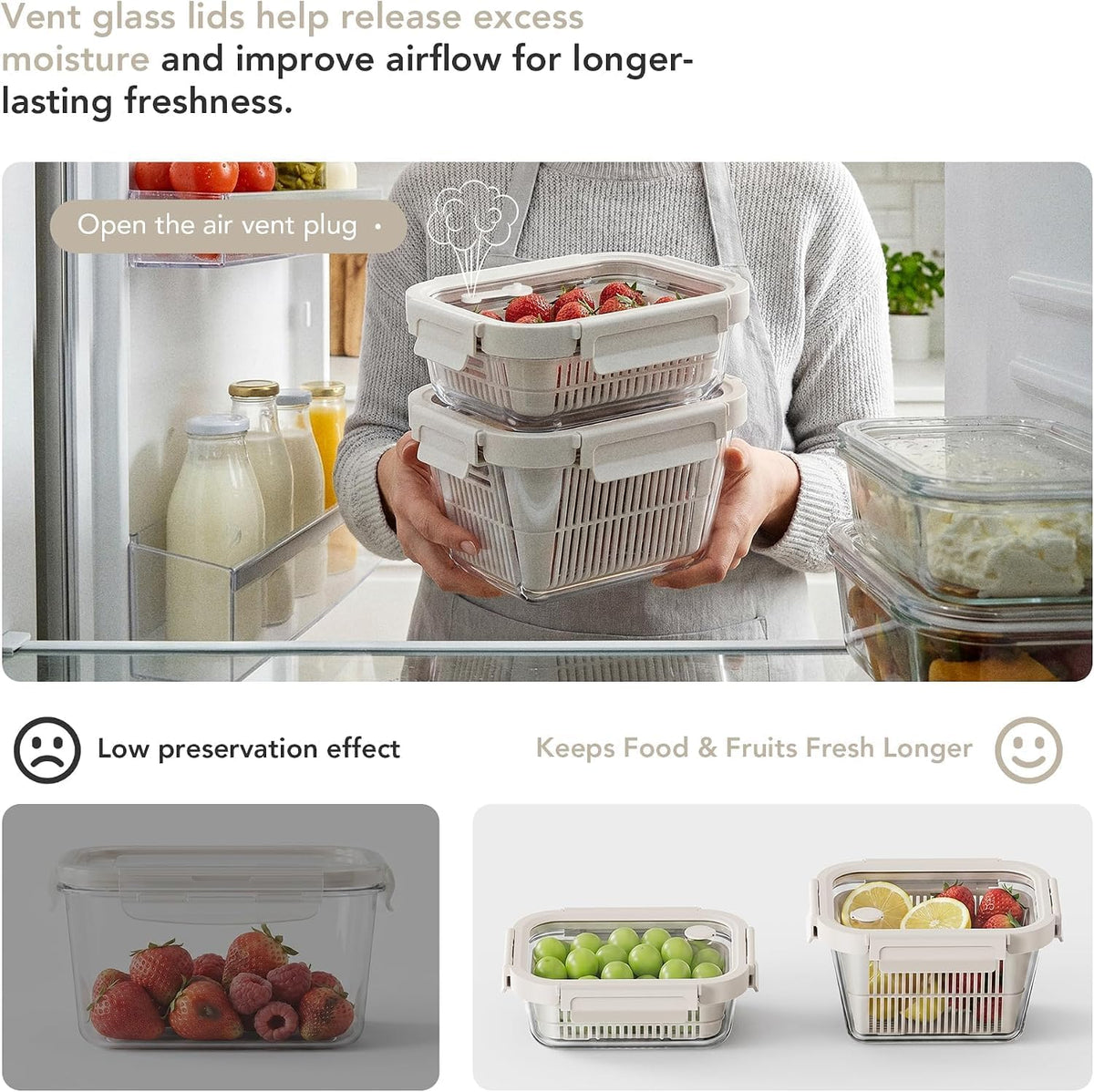 Airtight Glass Canister with Strainer, Fruit and Vegetable Container Set with Glass Lid and Ventilation, Borosilicate Glass, Refrigerator Organizer