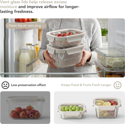 Airtight Glass Canister with Strainer, Fruit and Vegetable Container Set with Glass Lid and Ventilation, Borosilicate Glass, Refrigerator Organizer