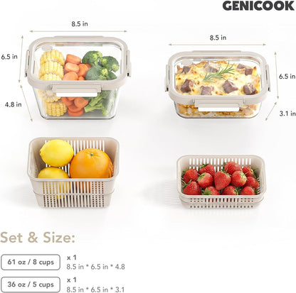 Airtight Glass Canister with Strainer, Fruit and Vegetable Container Set with Glass Lid and Ventilation, Borosilicate Glass, Refrigerator Organizer