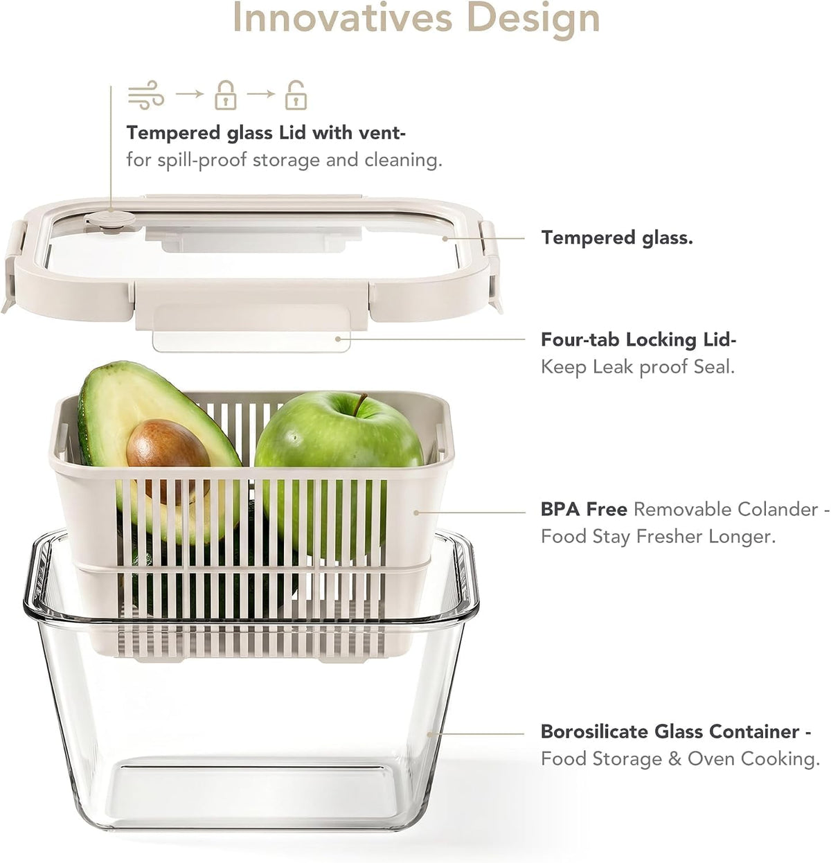 Airtight Glass Canister with Strainer, Fruit and Vegetable Container Set with Glass Lid and Ventilation, Borosilicate Glass, Refrigerator Organizer