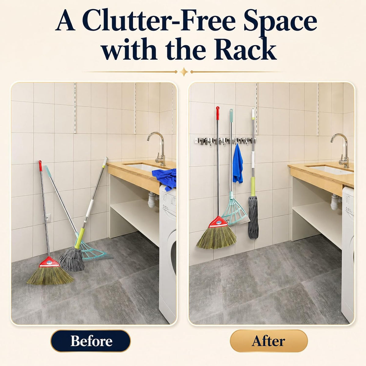 5 Racks and 4 Hooks Mop and Broom Holder Wall Mount, Self Adhesive Heavy Duty Broom Hanger Organizer Storage Tool Racks for Kitchen Garden Laundry Garage
